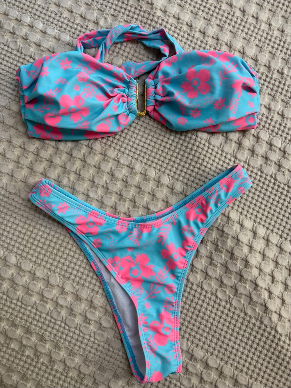 Turquoise & Hot Pink Floral Bandeau Bikini Set
